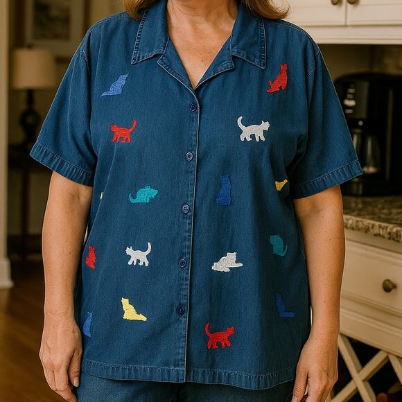 2/$30 Vintage Blair Plus 2XL Women Blue Chambray Applique Cat  Button Up Shirt - Picture 1 of 9
